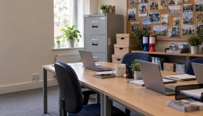 Desks, filing cabinet, archive boxes and a noticeboard of photographs in a small charity office