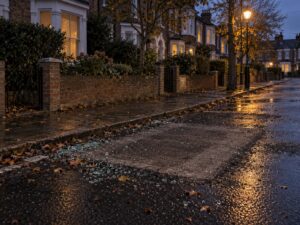 An empty parking space on a British residential street at dusk with broken glass on the wet road and a street lamp behind.