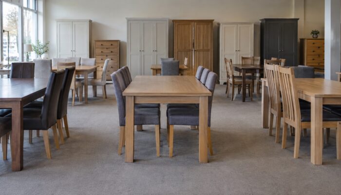 Dining tables and chairs on a furniture showroom floor with wardrobes and a chest of drawers along the wall behind
