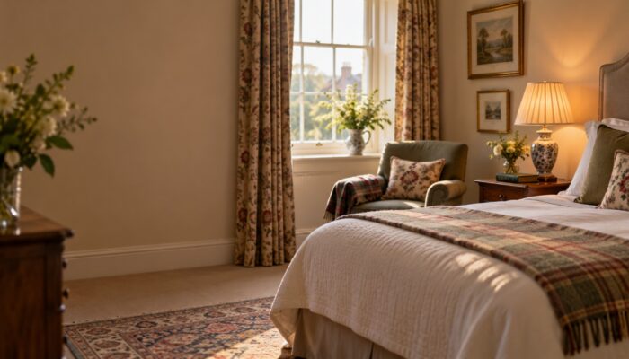 A made-up guest bedroom with white linen, an armchair by the window and a bedside lamp