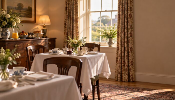 Tables laid for breakfast with white cloths, teacups and flowers in a sunlit guest house dining room