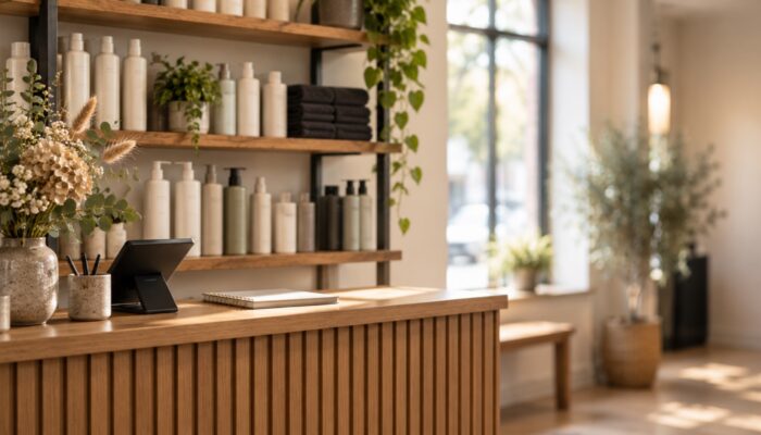 Shelves of unbranded shampoo bottles and folded towels beside a salon reception counter