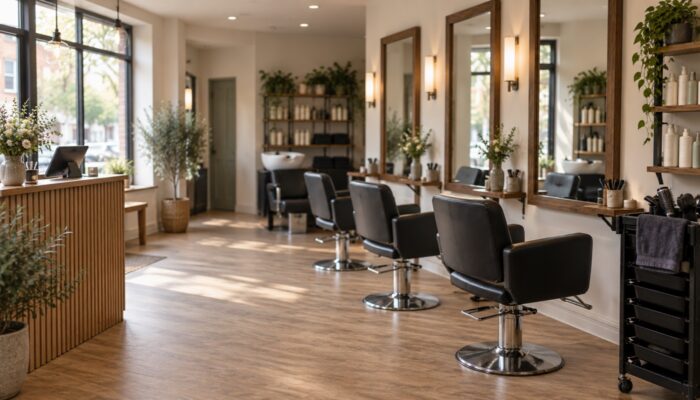 A row of styling chairs and mirrors in an empty hair salon with a backwash unit at the far end