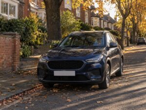 A dark blue family car parked on a British residential street in late afternoon autumn light with fallen leaves on the pavement.