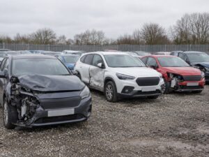 Rows of damaged cars of different colours parked on gravel in a UK vehicle salvage yard on an overcast winter day.