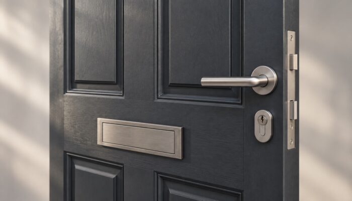 A close view of the lever handle, cylinder lock and door edge on a grey front door