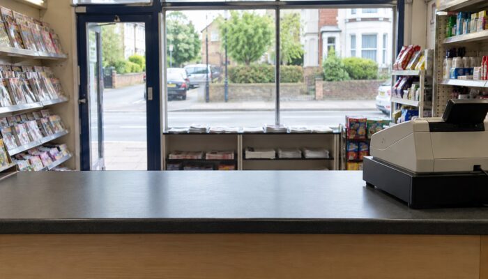 A newsagent's counter with a till, the shopfront window and newspaper shelves behind