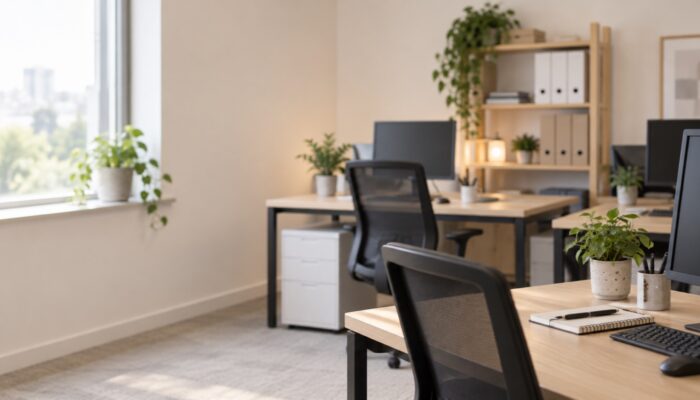 Desks with monitors, a filing unit and a shelf of box files in a small sunlit office
