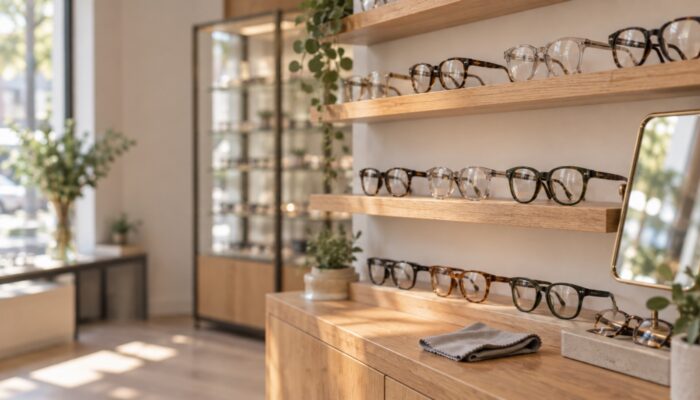 Rows of spectacle frames on slim wooden shelves in a small optical practice