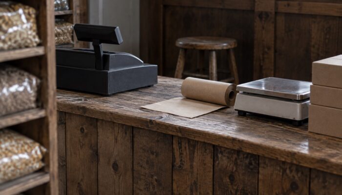 The timber sales counter of a pet shop with a till, scales, a roll of paper bags and a stool