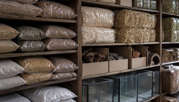 Shelves of animal feed sacks, bedding, plain boxes and empty glass tanks in a pet shop stockroom