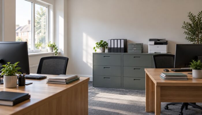 Two desks with computers, office chairs, filing cabinets and archive boxes in an empty letting agency