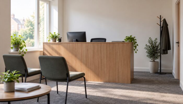 The reception counter and visitor chairs of an empty letting agency office beside a large window