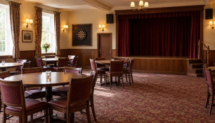 An empty social club function room with round tables, chairs, a dartboard and a small stage