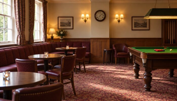 The empty lounge of a social club with seating, low tables and a snooker table to one side