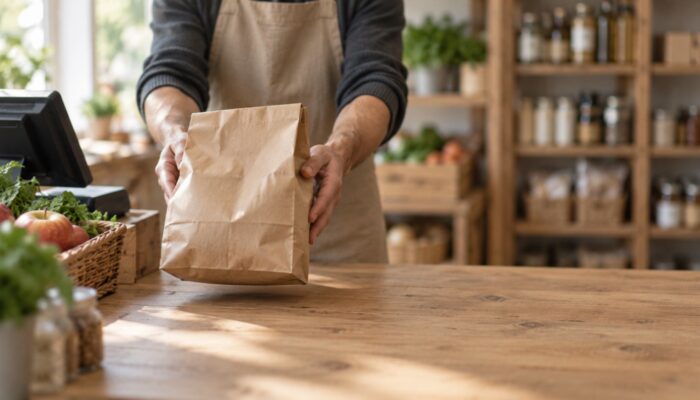 Shopkeeper handing a paper bag across a timber counter beside a basket of apples