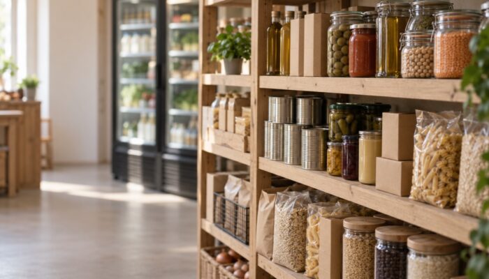 Shelves of jars, tins and packaged dry goods in a small food shop, chilled cabinet behind