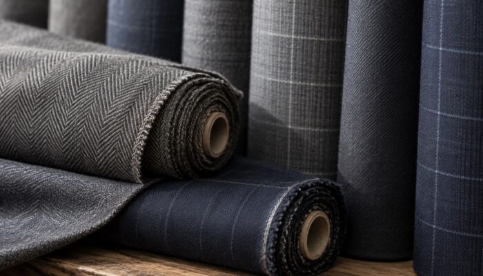 Rolled bolts of grey, navy, herringbone and checked suiting cloth stacked in a tailor shop