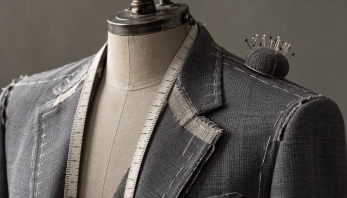 A half-made grey jacket pinned and basted onto a tailor's dress form with a tape measure over the shoulder