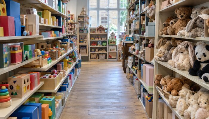An aisle in a toy shop with boxed wooden toys on one side and soft toys on the other