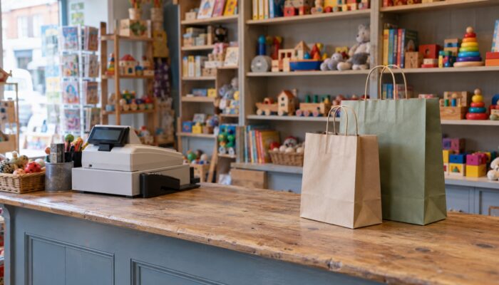 A toy shop counter with a till and two plain paper gift bags, shelves of toys behind