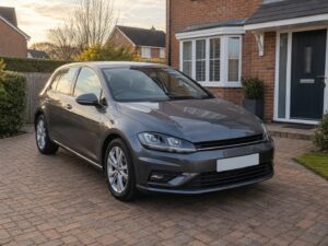 Grey hatchback parked on a block-paved driveway outside a British house in late afternoon light
