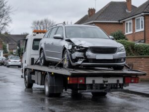 A damaged silver estate car loaded on the back of a flatbed recovery truck on a wet British residential street.