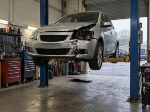 A silver hatchback with front-end accident damage raised on a two-post ramp inside a British repair garage.